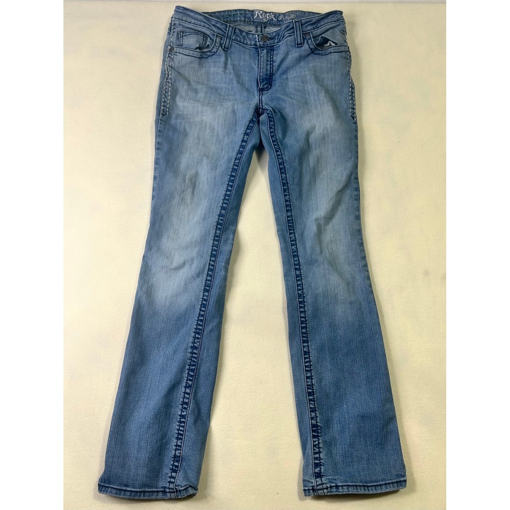 Rock 47 by Wrangler Womens Bootcut Jeans Light Wash Blue Denim Embroidered B56